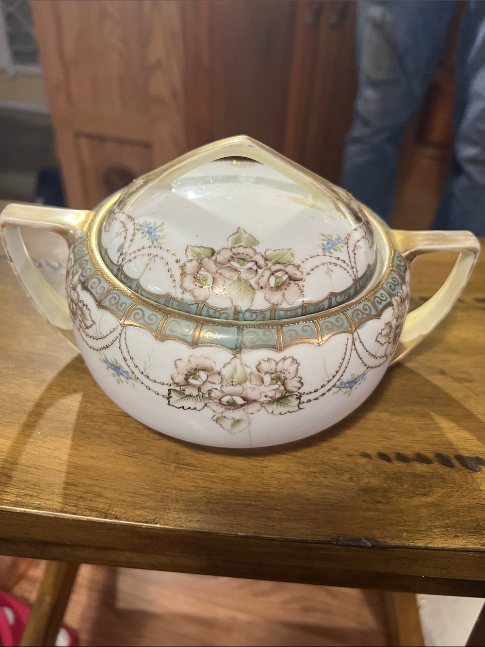 Antique Nippon Porcelain Covered Vegetable Bowl with Gold Trim - Floral design.